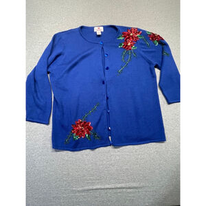 Women's Quackers Factory Cardigan Sweater 1XL Blue Red Grandmacore